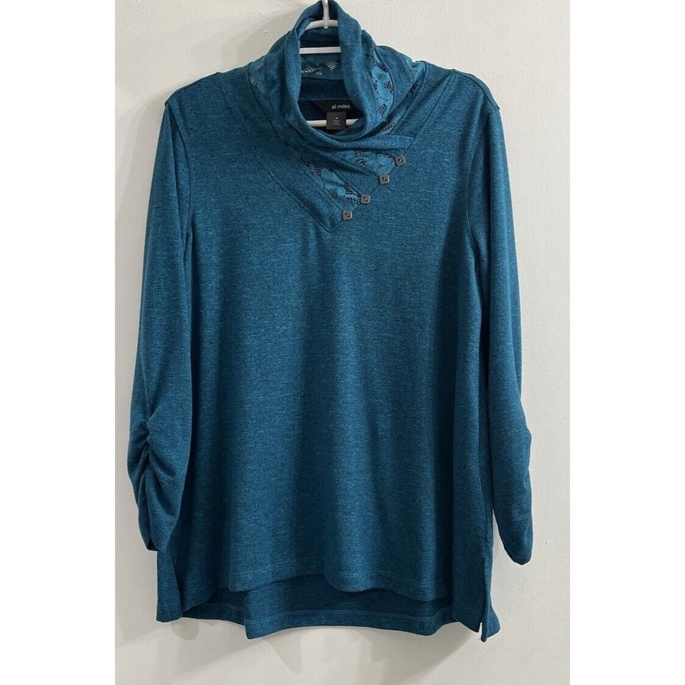 Ali Miles Womens M Teal Tunic Top Ruched Sleeve Lace Collar Artsy Lagenlook Boho